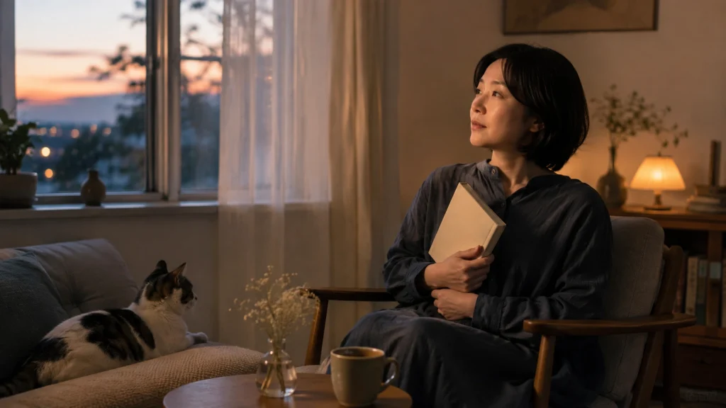 猫のそばで本を抱えながら夕暮れの窓辺を見つめる女性