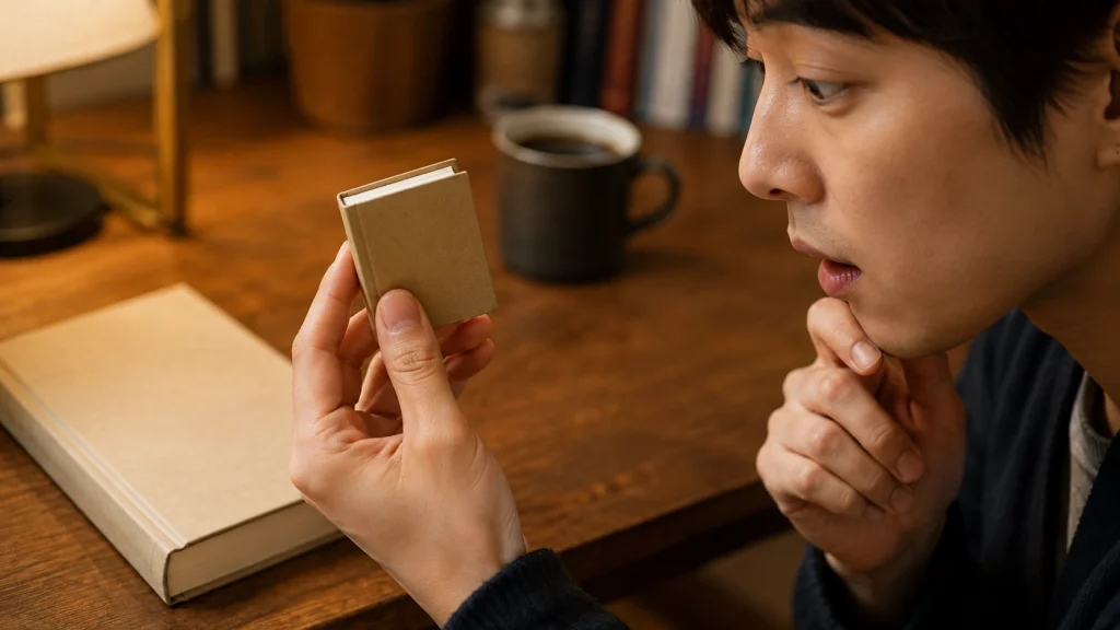 A7判の非常に小さな本を手に取りサイズを確かめる読者