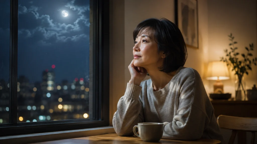 月夜の窓辺で年齢やこれからの人生について物思いにふける女性