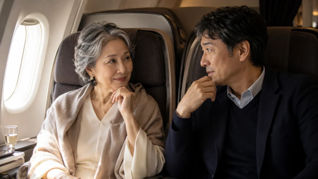 パリ行きの飛行機で出会う伊奈笙子と九鬼兼太をイメージした男女
