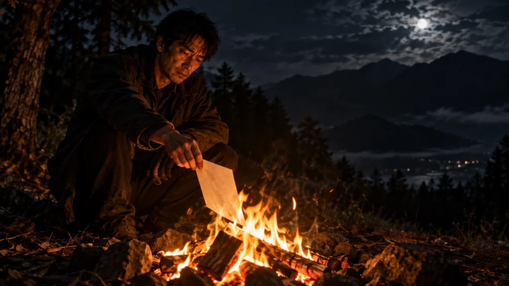 夜の山中で遺書を焚き火に入れる雄介をイメージした日本人男性