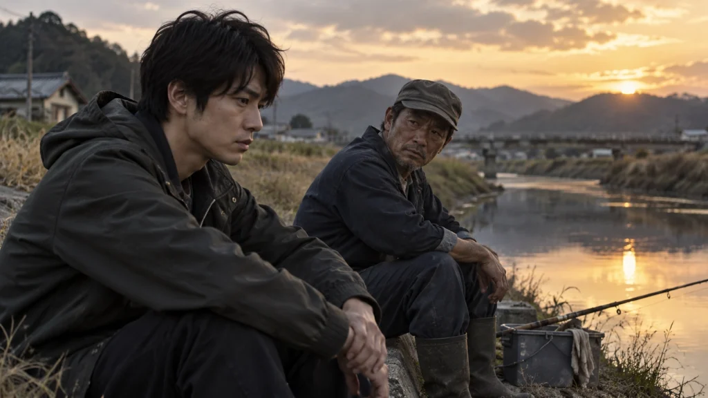 夕暮れの川辺で釣りをしながら語り合う雄介と高橋をイメージした二人の男性