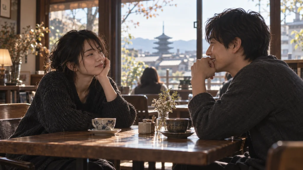 京都のカフェで7年ぶりに再会し穏やかに語り合う神名とハセオをイメージした男女