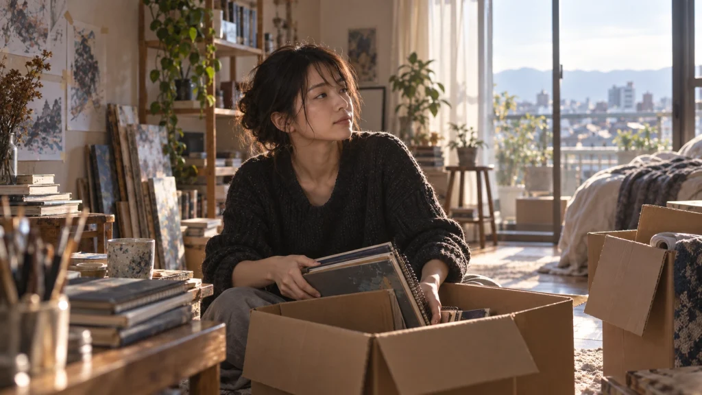 アトリエで画材やスケッチブックを整理し新しい生活を始める神名をイメージした女性
