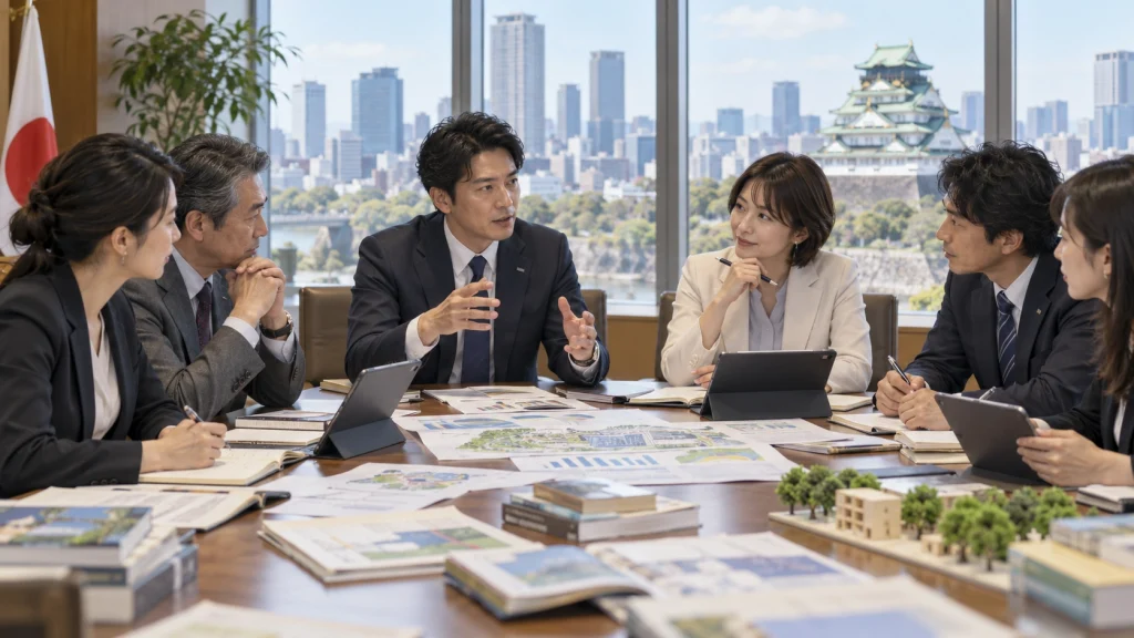 大阪の街並みを背景に教育政策を協議する架空の閣僚と関係者たち