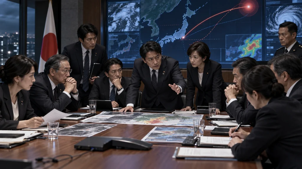 日本地図を前に国家的危機への対応を協議する架空の日本政府閣僚たち