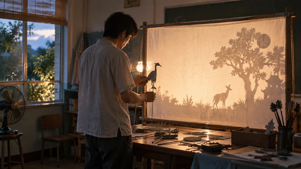 小説「焼却炉」に登場する影絵サークルの大学生をイメージした影絵の準備風景