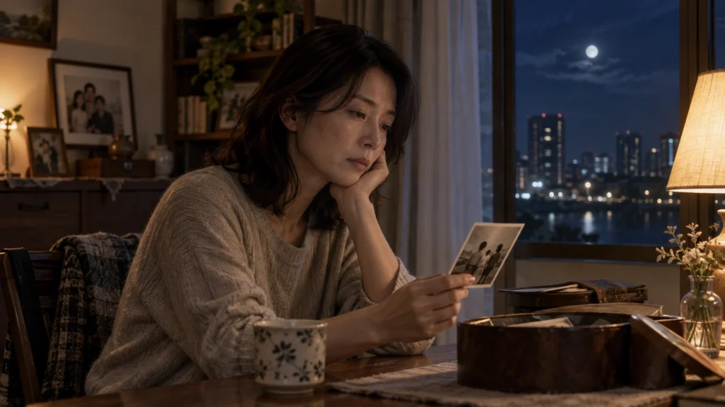 古い写真を見つめながら家族や過去について思いを巡らせる日本人女性のイメージ