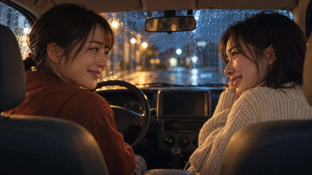 雨の夜、車内で顔を見合わせて微笑む2人の日本人女性。女友達との再会をイメージした場面