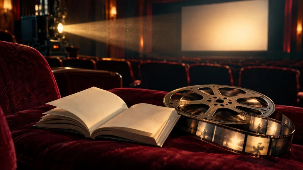 映画館の赤い座席に置かれた開いた本とフィルムリール。背景にはスクリーンを照らす映写機の光
