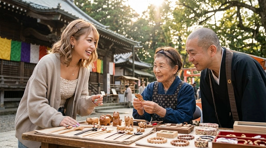 ギャルにひかれて寺マルシェの見どころ|お寺の境内の手作り雑貨店で笑顔で交流するギャルと年配の女性店主と僧侶