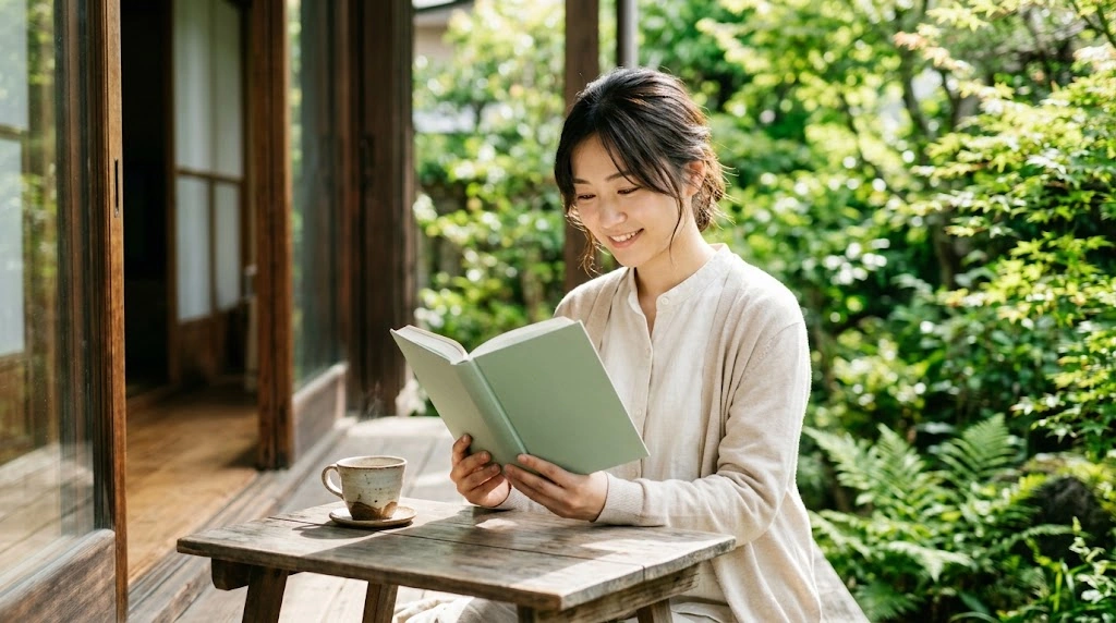 ギャルにひかれて寺マルシェの読書イメージ|緑豊かな縁側でコーヒーを片手に笑顔で小説を読む女性
