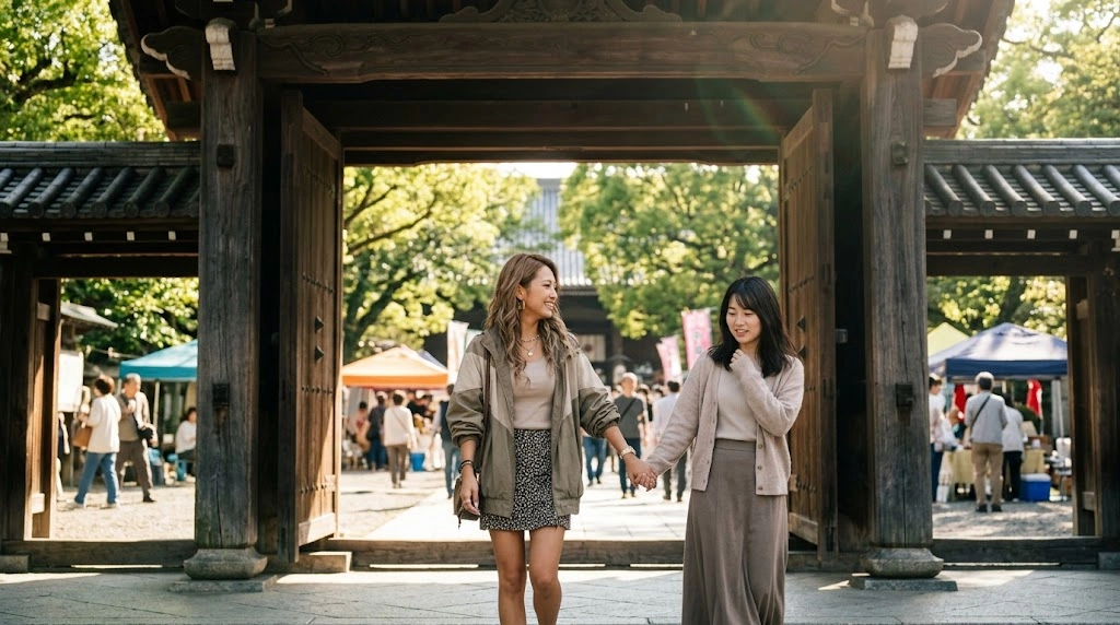 ギャルにひかれて寺マルシェのあらすじイメージ|お寺の山門で女性の手を引いて境内のマルシェへ誘う明るいギャル