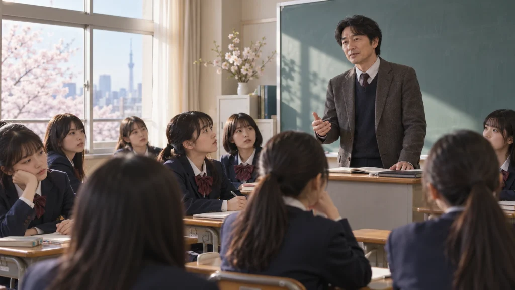 春までのセンセイ』で加賀美先生の話を聞く3年E組の女子生徒たち