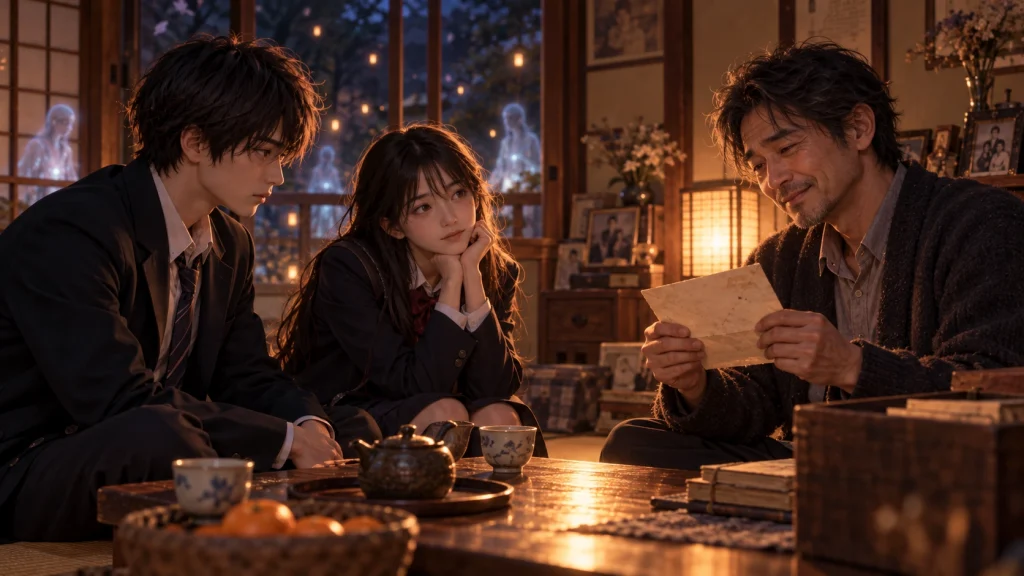 時給三〇〇円の死神で佐倉真司と花森雪希が手紙を持つ黒崎の話を聞くイメージ