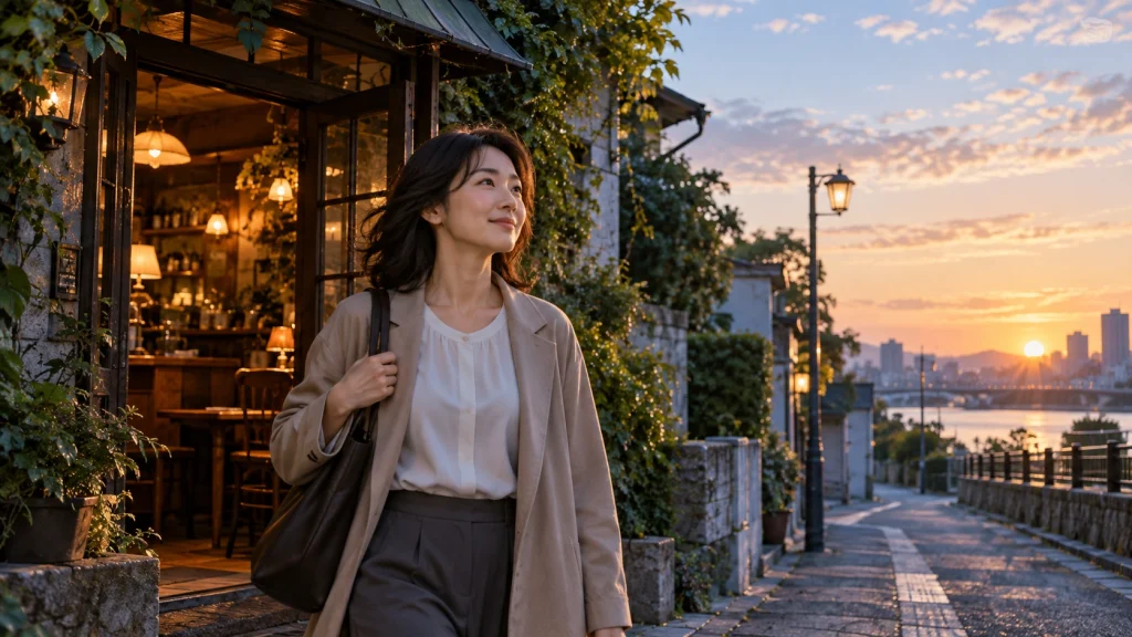 真夜中の喫茶店を出て朝焼けを見つめる穏やかな表情の女性