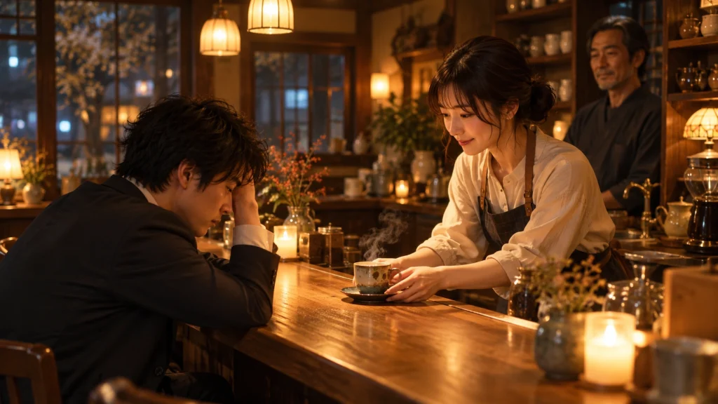 眠れない客に温かい飲み物を差し出す真夜中の喫茶店の店員