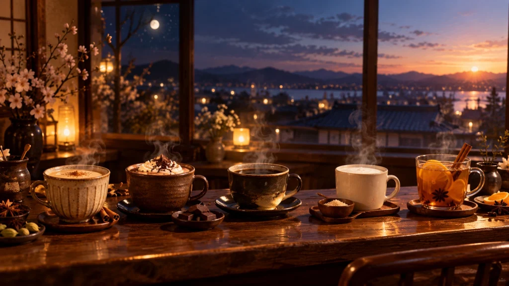 夜明けへ向かう喫茶店に並ぶチャイやコーヒーなどの温かい飲み物