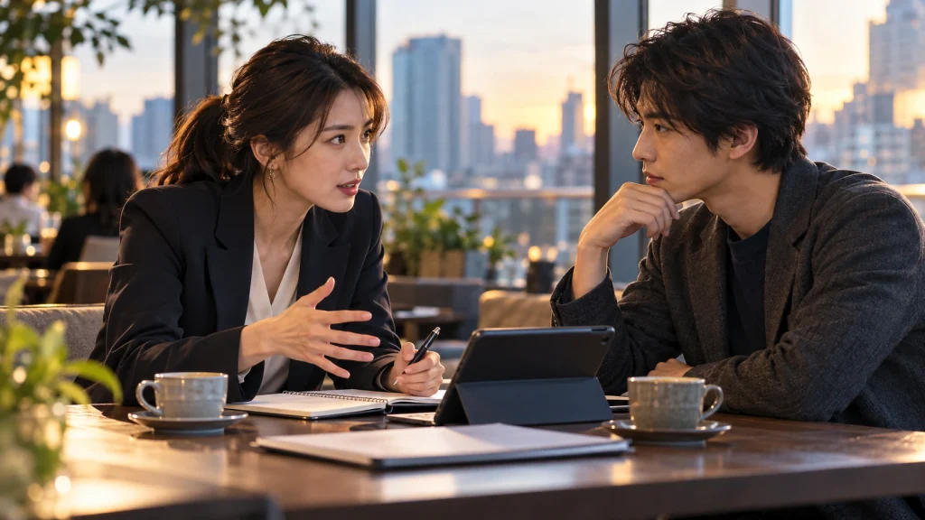 オルロージュの桐田奈南と倉敷秀斗の再会をイメージした、カフェで向かい合って話す男女