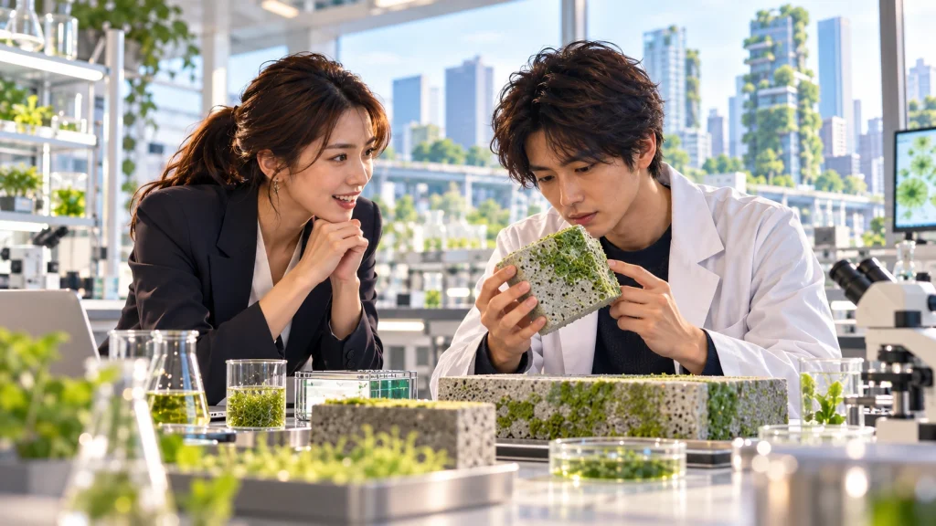 オルロージュの光合成するコンクリートをイメージした、緑色の試作品を調べる研究者と女性