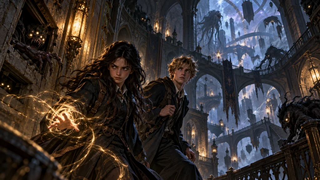 闇の魔法学校スコロマンスの廊下で、魔獣を警戒しながら魔法を構えるエルとオリオン