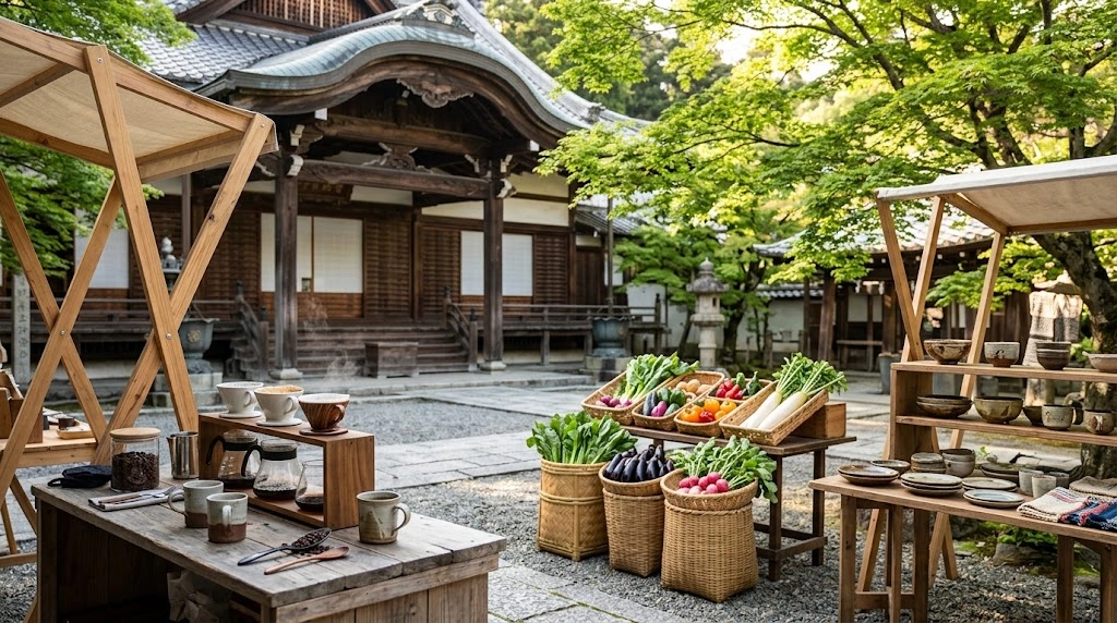 寺マルシェの世界観|緑豊かなお寺の本堂を背景にハンドドリップコーヒーや地元野菜・手作り陶器が並ぶ屋台